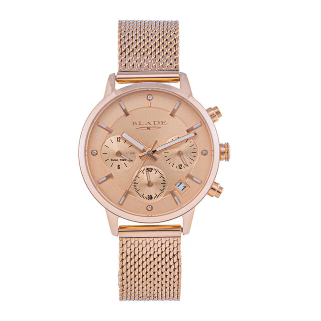 ساعة BLADE Venus Pink 3688L2RPR نسائية متعددة الوظائف بهيكل من الفولاذ المقاوم للصدأ وسوار شبكي