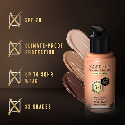 Max Factor Facefinity 3-in-1 All Day Flawless Liquid Foundation, SPF 20 - 77 Soft Honey-xpressionsstyle