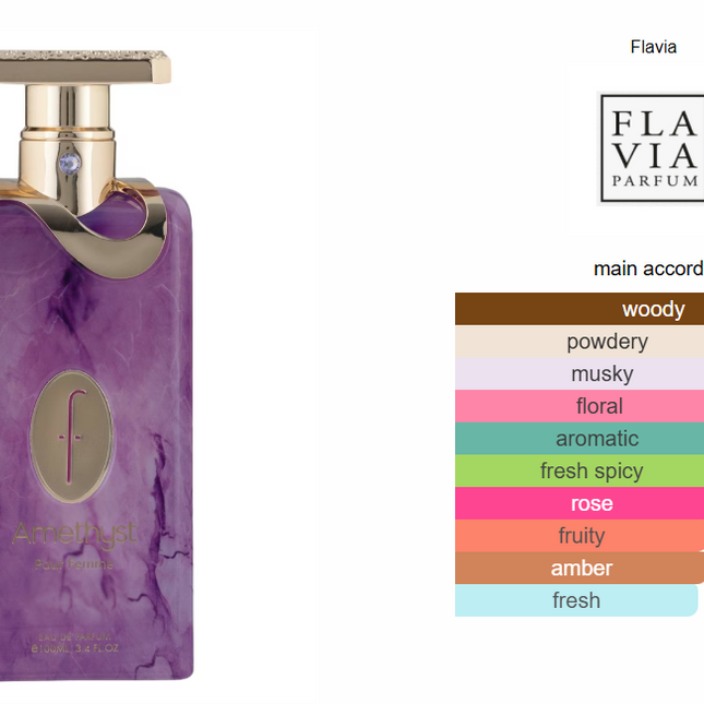 Purple perfume bottle with Flavia Parfum branding and a color swatch chart on a white background.