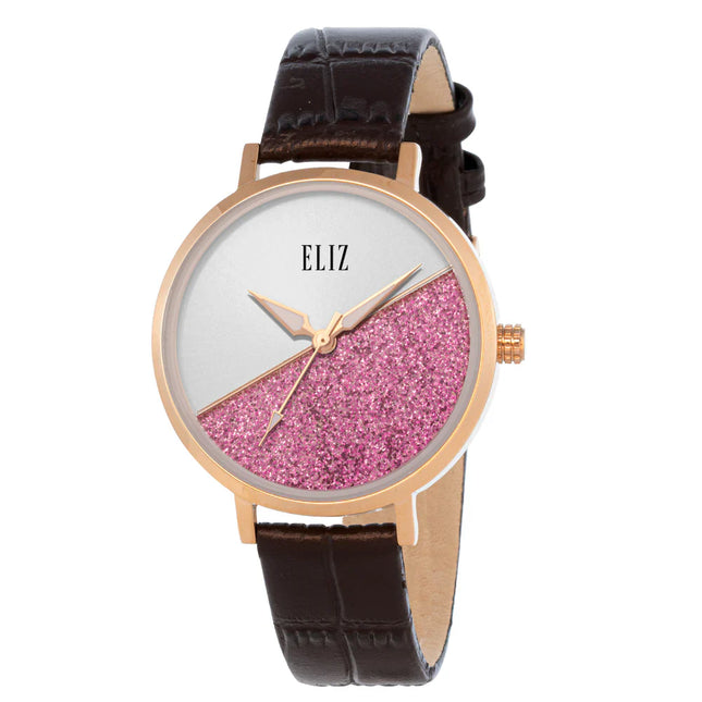 ساعة يد نسائية ELIZ ES8911L1RSO ذات 3 عقارب، هيكل ستانلس ستيل، سوار جلدي