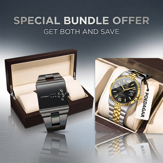 Poedagar 839GDBK Black Dial Stainless Steel Quartz Men's Watch + Poedagar Ultra-Thin Stainless Steel Luminous Calendar Quartz Men's Watch