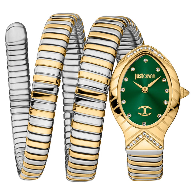 ساعة يد كوارتز نسائية Just Cavalli JC1L248M0065 Classico lungo بلونين ذهبي وأخضر بنمط جلد الثعبان