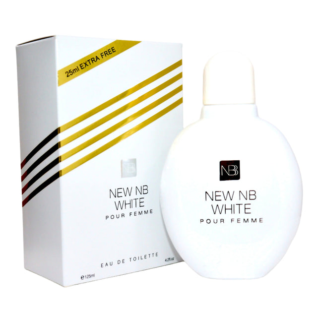 White perfume bottle and packaging with 'NEW NB WHITE' branding on a white background-Impulse Warehouse UAE