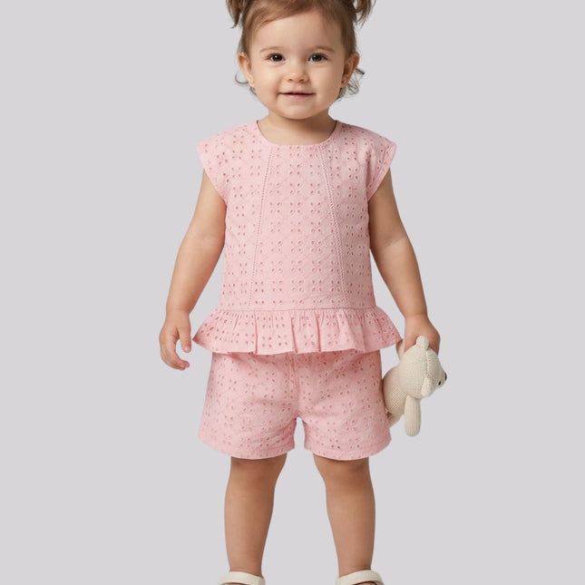 Baby Girl’S Schiffli Embroidered Top & Shorts Co-Ord Set