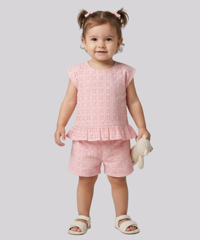 Baby Girl’S Schiffli Embroidered Top & Shorts Co-Ord Set