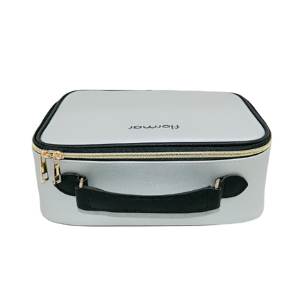 Silver cosmetic case with black handle and trim on a white background