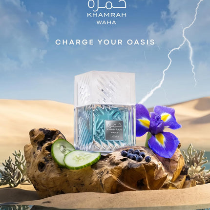 Khamrah Waha by Lattafa 100ml perfume with cucumber, iris and juniper in a desert oasis