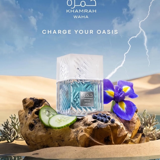 Khamrah Waha by Lattafa 100ml perfume with cucumber, iris and juniper in a desert oasis