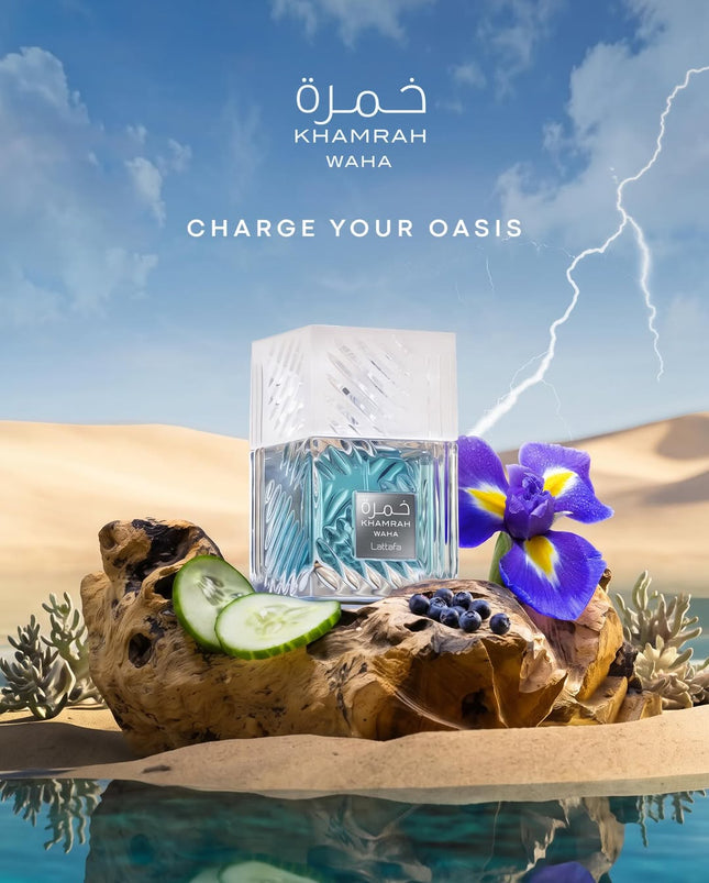 Khamrah Waha by Lattafa 100ml perfume with cucumber, iris and juniper in a desert oasis