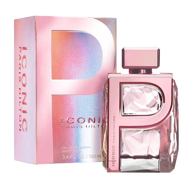 Pink perfume bottle and packaging with 'Iconic' branding on a white background