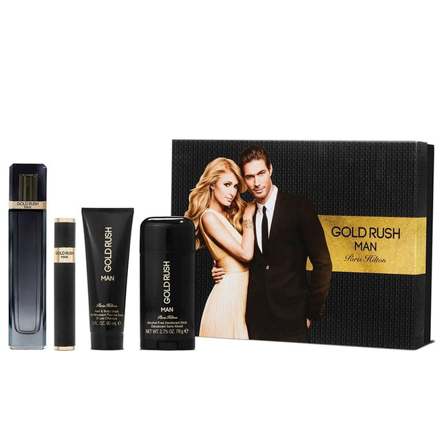 Paris Hilton Gold Rush Man Set Edt 100ml + Edt 15ml + Hair & Bw 90ml + Deodorant Stick 78g-Impulse Warehouse UAE